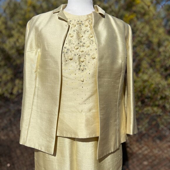 Vintage 60s 3-Piece Slubbed Silk Suit Embellished w/ Rhinestones, Pearls, Sz 14 - Picture 6 of 16